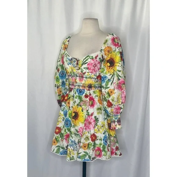 ALICE + OLIVIA Crawford Sweetheart Mini Dress Floral Puff Sleeves Lace Up Size 0